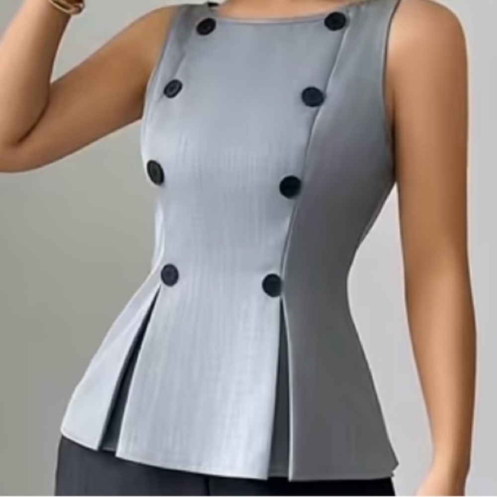 41. Elegant Gray Sleeveless Blouse with Black Button Accents